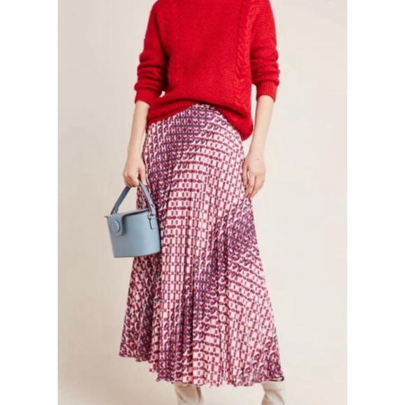 MAEVE Women's Pleated Maxi Skirt Size L White Red Patterned - Picture 1 of 10